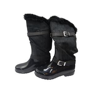 Michael Kors Fulton Fur Trim Monogram Jacquard Rubber Knee High Rainboot Black 7